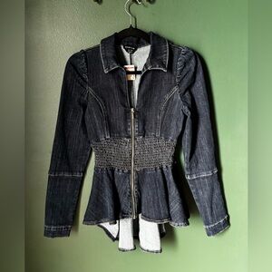 bebe Dark Indigo Denim Zip-Peplum Jacket